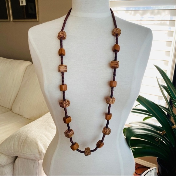 VINTAGE Long Wooden Bead Necklace Tribal Boho - Picture 1 of 5